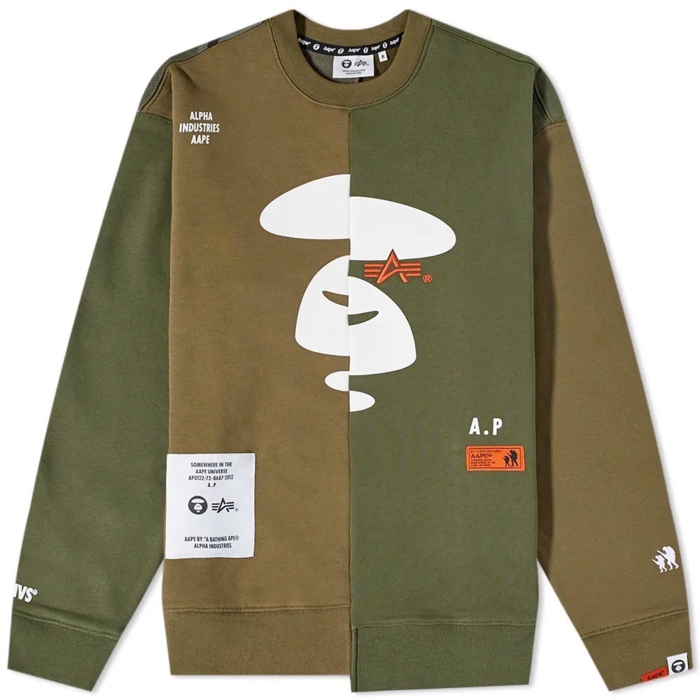 AAPE By A Bathing Ape x Alpha Industries split sweatshirt in Olive Green size L